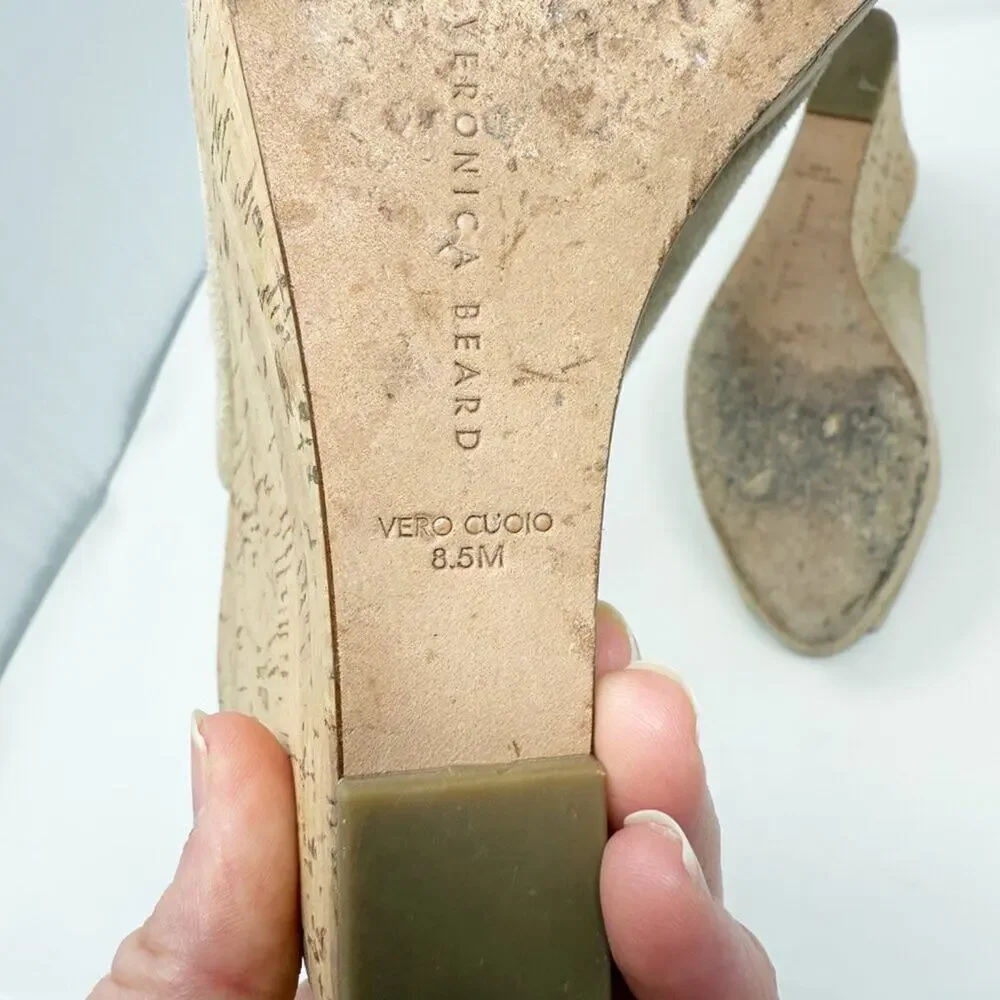 Veronica Beard Tan Suede Peep Toe Slingback Cork Wedges Women's Sz 8.5 High Heel